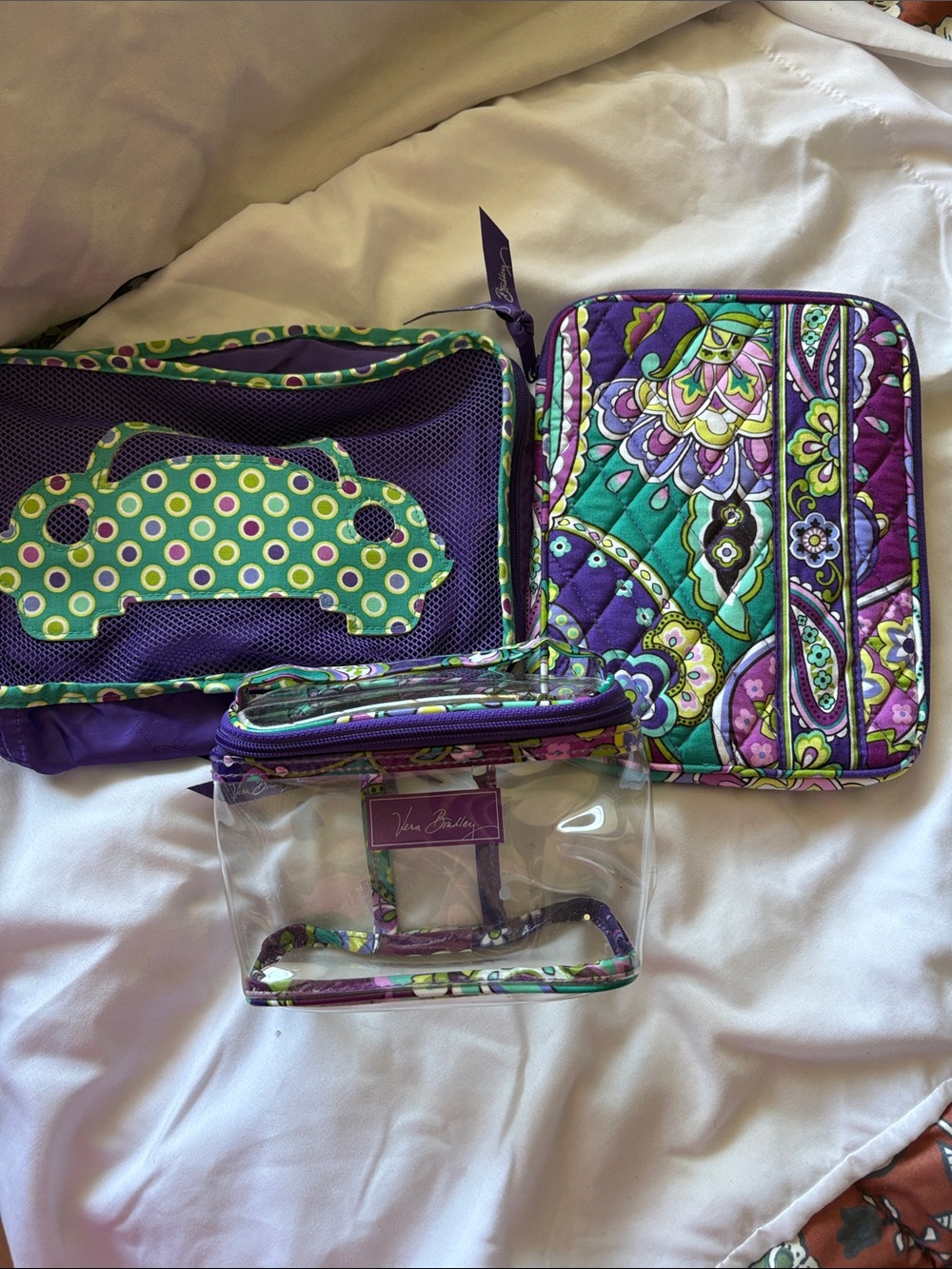 Vera Bradley Purple Teal & Green Paisley Quilted Cosmetic Set & Tablet Case